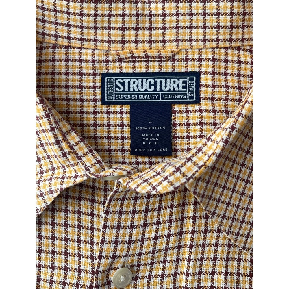 Structure Mens Large Long Sleeve Button Down Shirt Yellow Plaid Cotton Vintage
